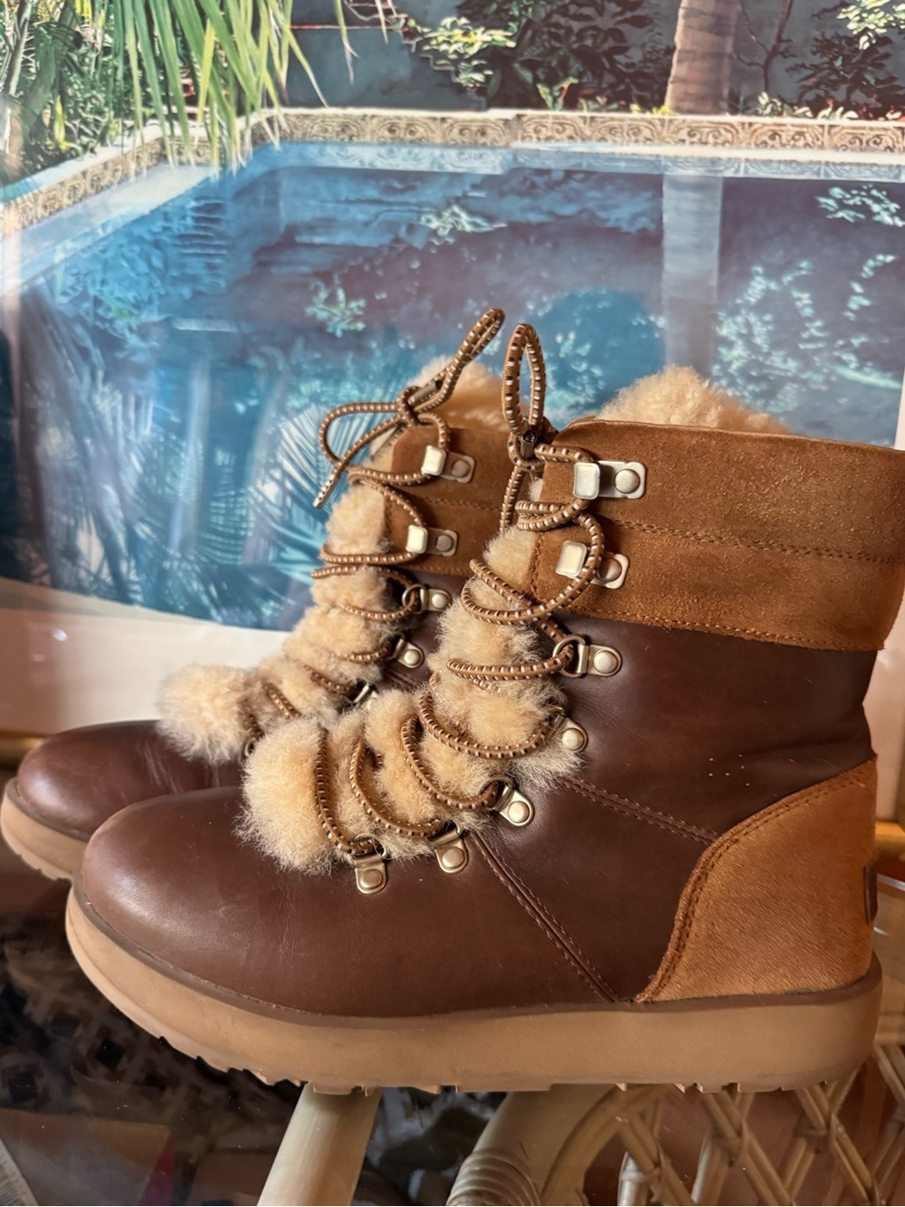 UGG Viki Waterproof Leather Sheepskin Winter Boots Brown US 8 1017493
